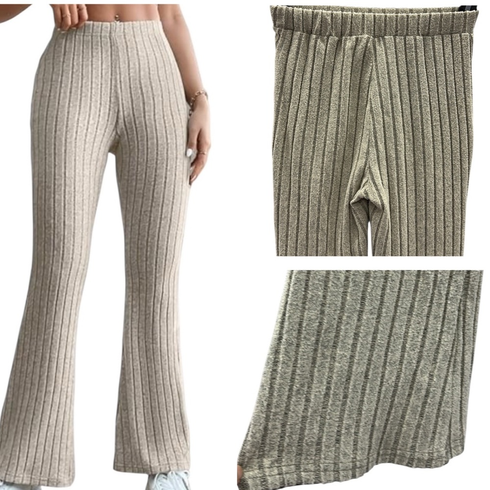 Khaki High Waisted Wide Ribbed Pull On Flare Legging Stretch Pants Womens Small
